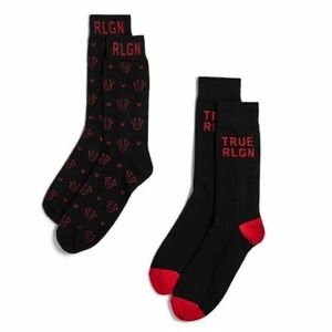 True Religion Men's True Logo U Socks For Shoe Size 6-12 (2 Pack) - Black/Red